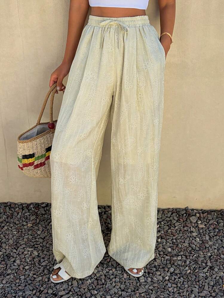 Women's Solid Color Elastic Waist Drawstring Pleated Pocket Loose Pants