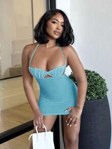 Alexandranx Pearl Shell Halter Backless Mini Bodycon Dress Crochet Bikini Dress Party - Blue - View 5
