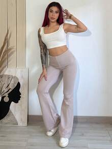 Bearsaez 极简主义通勤与家居服杏色高腰紧身喇叭女式针织裤 - 卡其色 - 查看 3