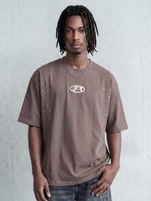 ROMWE MEN Essentials 男士休闲日常圆领印花短袖T恤 - 咖啡棕 - 查看 1