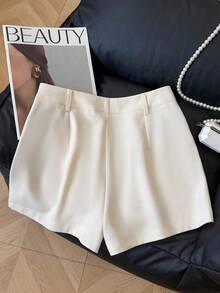Franclia Women's Solid Color Pocket Button Casual Versatile Vacation Shorts - Apricot - View 2