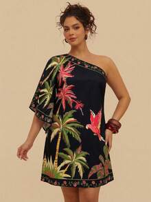Travachic Đầm ngắn dáng rộng, vai lệch, họa tiết thực vật nhiệt đới, màu xanh navy, thích hợp cho mùa hè và mùa thu. - màu đen - Xem 3