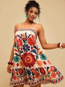 Travachic Plus Size Casual Tropical Colorful Green Plant Print Spaghetti Strap Short Dress, Summer To Early Autumn Vacation Sundress Women's Summer Dresses Women Sun Dress Women Casual Dresses Women's Summer Outfits Women's Spring Dress - Multicolor - View 4