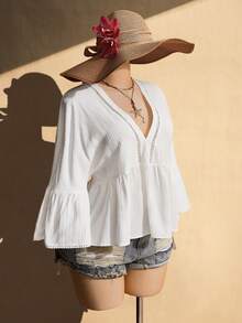 SHEIN ICON Top ajusté blanc à manches évasées, patchwork de tissu texturé, décolleté en V, style bohème, pour les festivals de musique, les vacances à la plage, décontracté et élégant, taille grande pour femmes, printemps/été - Blanc - Voir 9