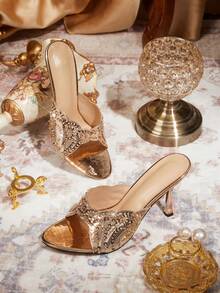 CUCCOO TILAWA Giày sandal cao gót lấp lánh sang trọng dành cho nữ, thích hợp cho các bữa tiệc. - Hoa hồng vàng - Xem 3