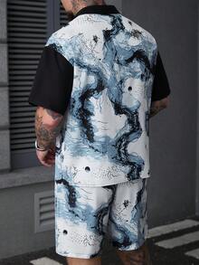 SLATEMANN 男士夏季休闲印花拼接衬衫短裤套装 - 彩色 - 查看 2