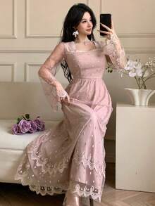 Joudiya Đầm midi hoa nhí thêu màu hồng bằng vải organza, thanh lịch cho mùa xuân và mùa hè, thích hợp cho Ngày Valentine, đám cưới, tiệc tùng, các dịp trang trọng, thời trang, đi làm, eo ôm, tay xòe, kiểu đầm chống nắng dành cho nữ. - Hồng - Xem 2