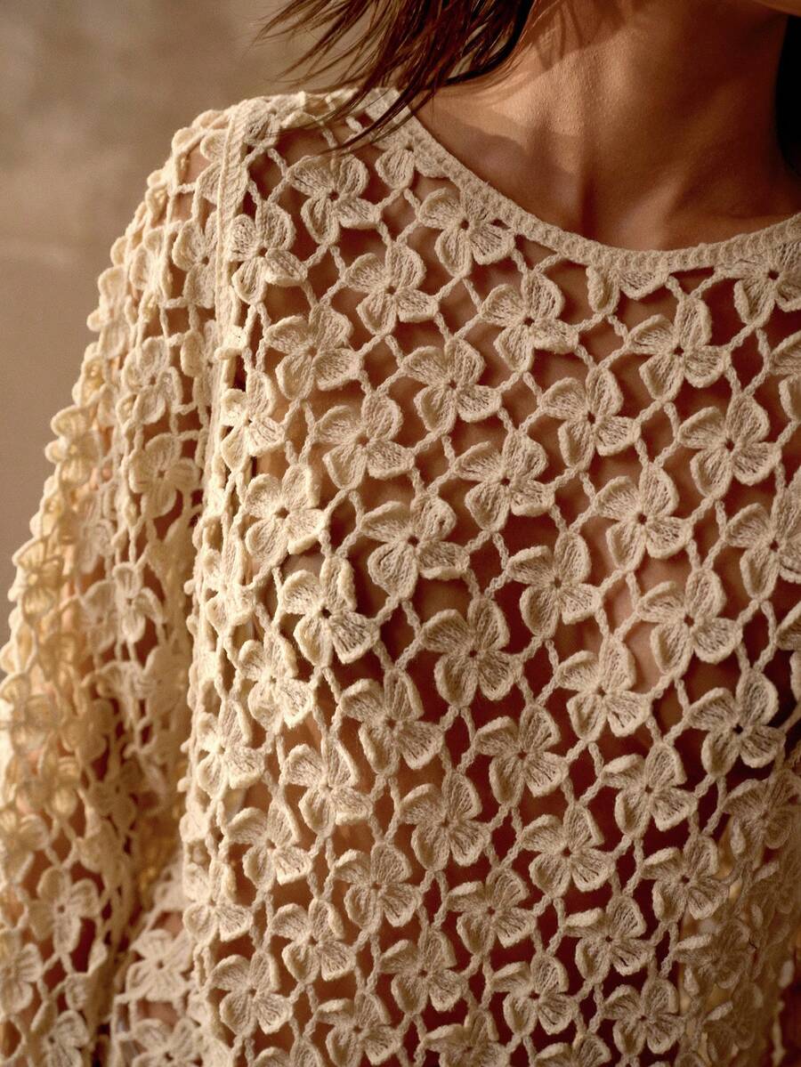 MOTF PREMIUM LOOSE FIT ROUND NECK FLORAL TEXTURED SHEER BEACH COVER UP TOP FOR WOMEN - Apricot - View 2