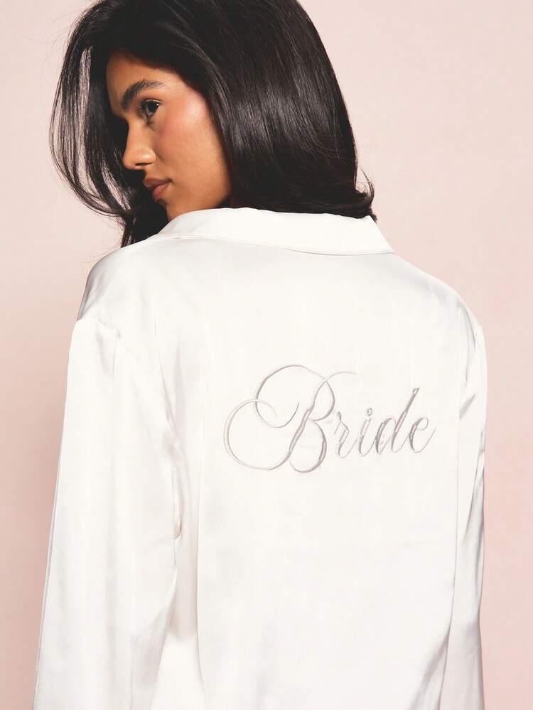 MISSGUIDED Luxurious White Satin Bridal Pajama Set With Embroidered Script Long Sleeve Button Up Shirt Wide Leg Pants Sleepwear Wedding
