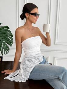 Serisse Women's Fashion Asymmetrical Hem Lace Bandeau Top,Summer ,Spring,Valentine's Day,Party,Wedding,Ceremony,Elegant ,Vacation,Casual, Formal,,Summer ,Spring,Festival,Party , Birthday,Beach,Vacation,Casual,Wedding,Graduation, Going Out, Elegant, - Apricot - View 3