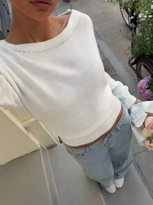 Muchica Fashionable Rhinestone Embellished Asymmetrical Shoulder Knit Sweater - White - View 1