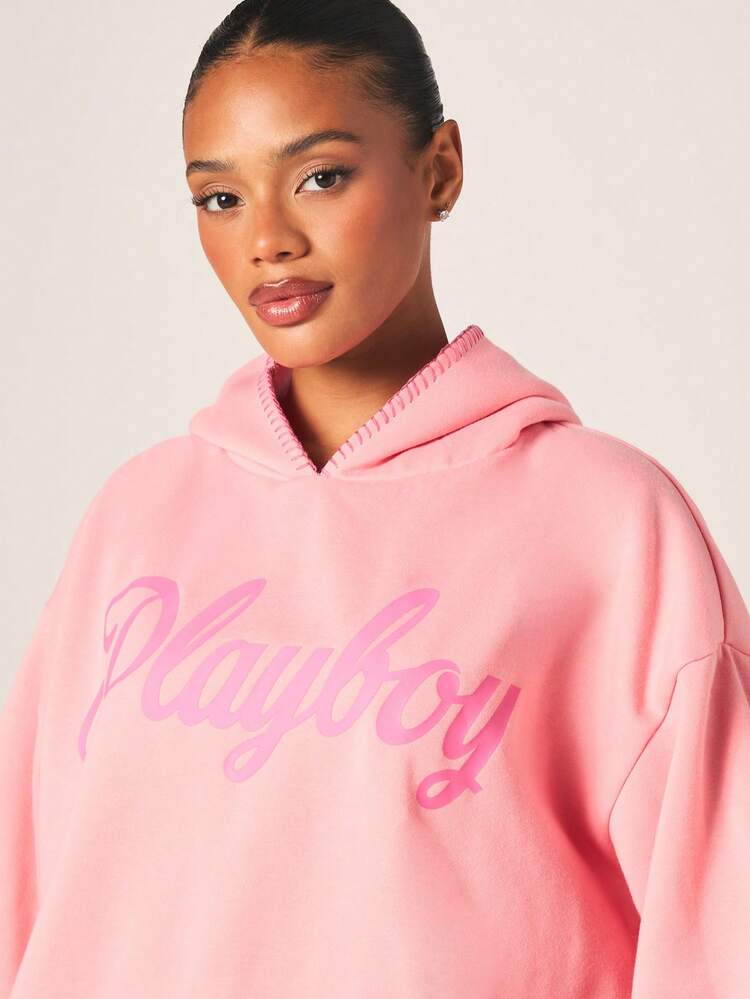 Missguided x Playboy Women Oversized Pink Hoodie With Script Print Long Sleeve Blanket Stitch Detail Pullover Top Casual Streetwear