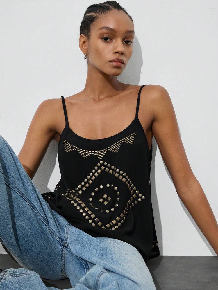 SHEIN Maija Women's Sequin Camisole Top Black And Gold Summer Chic Club Party Top,Elegant Blouse For Beach Vacation, Graduation Casual Cami Top Outfit