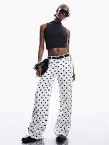 Aveloria Affinna Women's Black & White Polka Dot Low Waist Loose Straight Leg Pants - Black and White - View 2