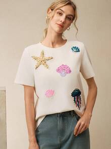 Anewsta Sequin Applique Bubble Sleeve White Crew Neck T-Shirt - White - View 4