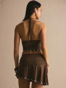 MUSERA Button Hem Detail Halterneck Co-Ord Top Only Spring Summer Cosy Cute Daily Girly Vacation Sunlight Social Festival - Chocolate Brown - View 4