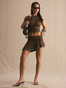 MUSERA Button Hem Detail Halterneck Co-Ord Top Only Spring Summer Cosy Cute Daily Girly Vacation Sunlight Social Festival - Chocolate Brown - View 5