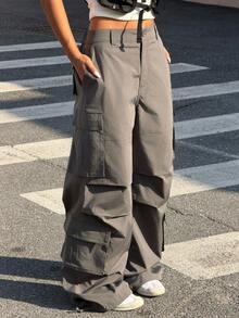 Muchica Quần cargo nữ màu xám đậm dáng rộng, chất liệu dệt kim, có túi nắp, thích hợp cho mùa hè. - Xám - Xem 1