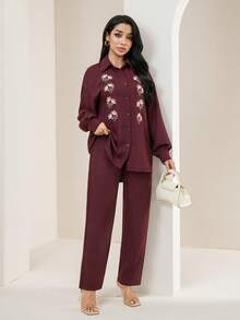Veilorie Women's Fashion Arabic Style Shirt & Pants Set - Red - View 6
