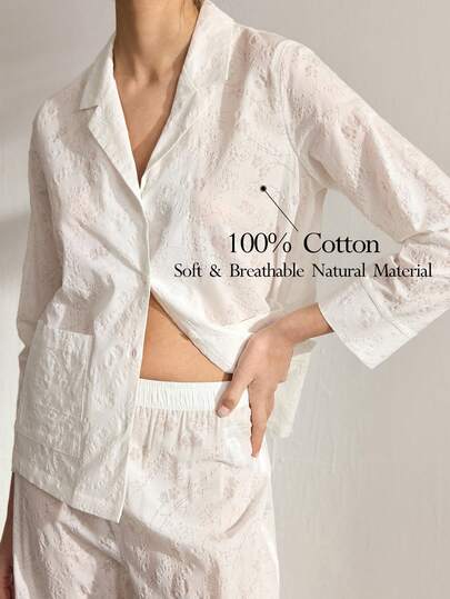 Ocili Women's Comfortable Cotton Sleepwear Set With Turndown Collar, Button Front, Embroidered Design, Long Sleeve Top And Pants
