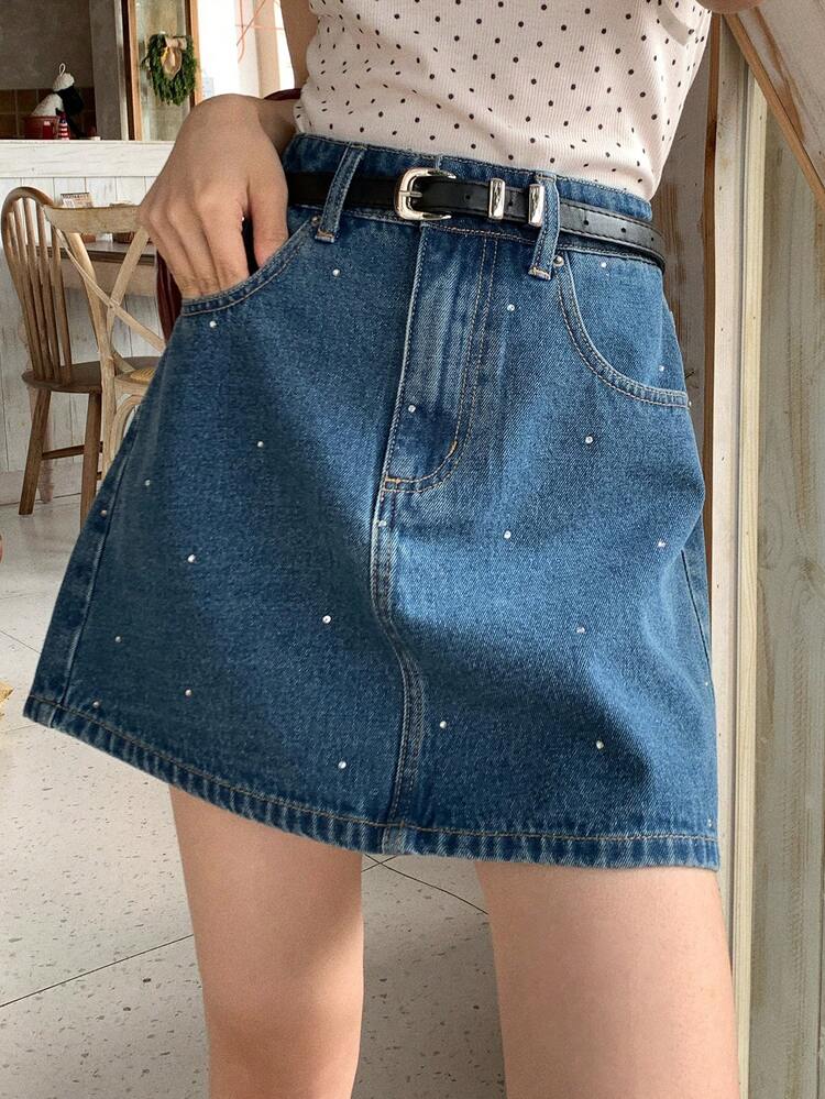 Women's Casual Rhinestone Decorated Denim Mini Skirt, Summer