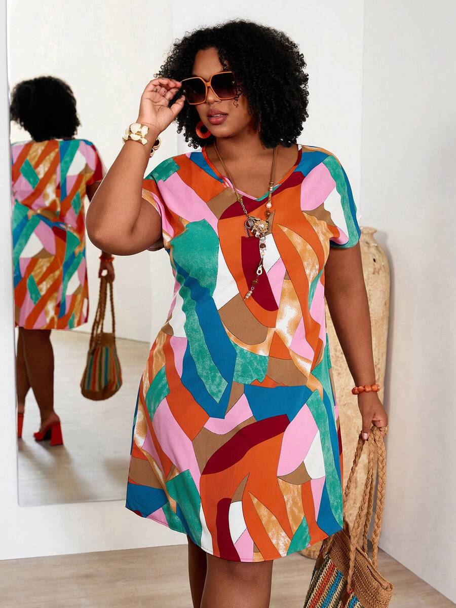 BrightlyHer Plus Size Colorful Floral Print Batwing Sleeve Casual Vacation Dress,Summer Outfits For Women / Summer / Summer Clothes,Boho Women Clothing