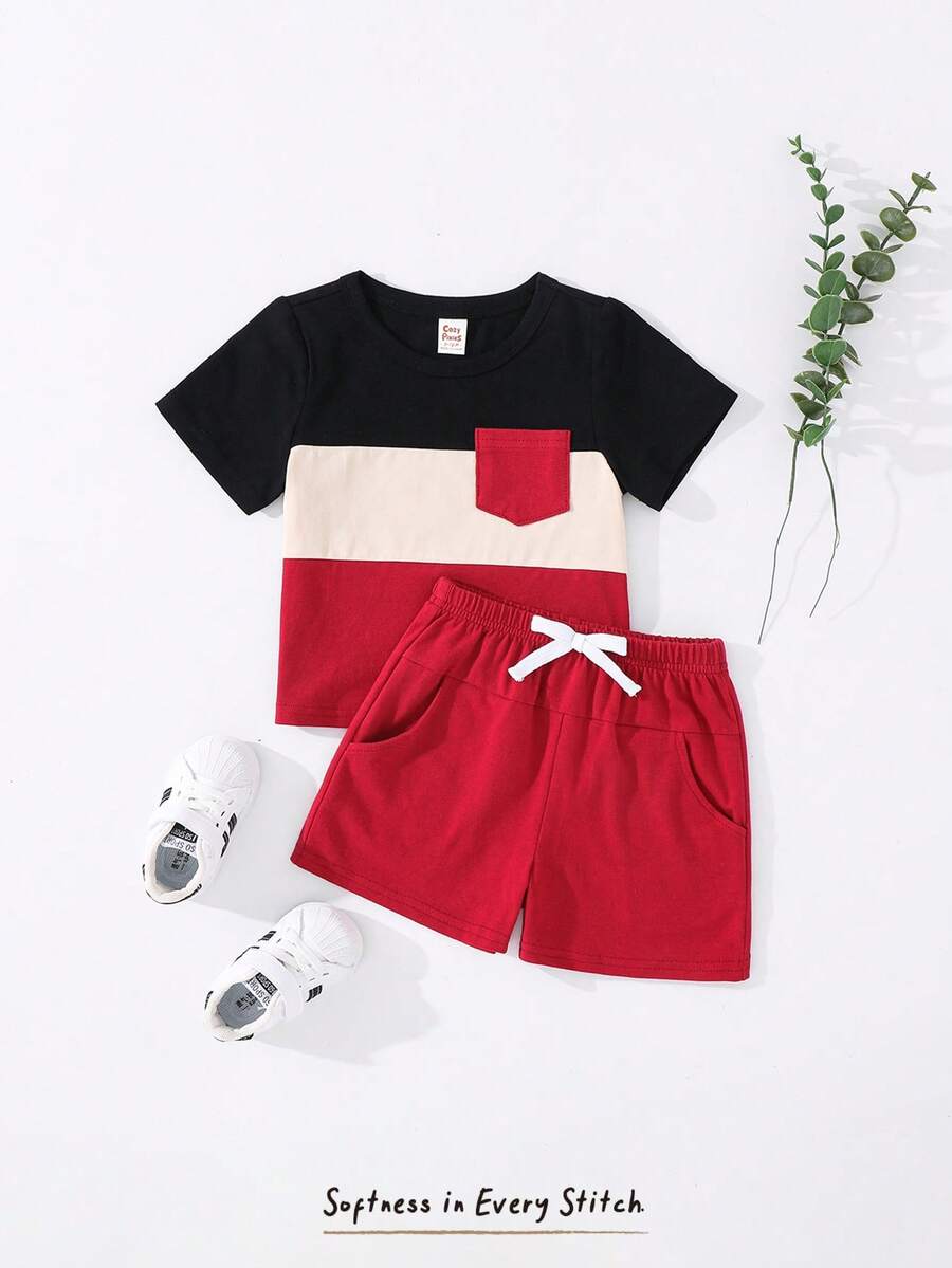 Cozy Pixies Bộ đồ 2 món cho bé trai: áo tay ngắn cổ tròn phối màu tương phản và quần short. - Nhiều màu - Xem 1