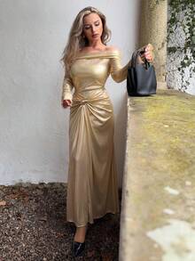 Jeta Ari Autumn/Winter Fashion Birthday Party Evening Banquet Metallic Decor Shiny Off-Shoulder Ruched Waist Slimming Women Dress Gold Evening Gown Gold Elegant Dress Women Long Elegant Dress Champagne Evening Gown Champagne Formal Dress - Champagne - View 6