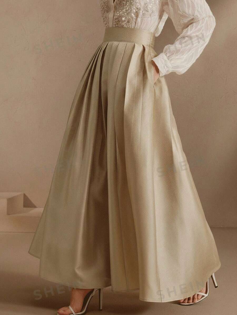 Anewsta Elegant utsvängd kjol med hög midja med en kunglig stil - Champagne - Visa 1