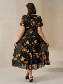 Chikora Đầm thanh lịch cỡ lớn dành cho nữ, phù hợp công sở, đầm lưới, đầm co giãn, đầm tay ngắn, đầm - Màu vàng - Xem 2