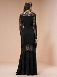 Arave 女士编织撞色蕾丝V领优雅长袖连衣裙 - 黑色 - 查看 6