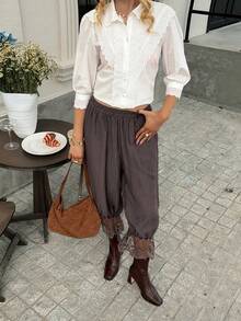 Livesso Lace Patchwork Women's Casual Pants - Coffee Brown - View 5