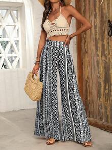 SHEIN Women's Black & White Pattern Print Wide Leg Pants, Relaxed Bohemian Style Suitable For Vacation, Casual, Beach, Street, Daily Commute, Sexy, Romantic, Business, Dates, Festivals - Multicolor - View 6