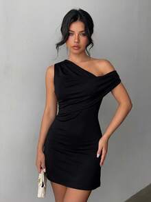 Aloruh Women's Elegant Asymmetric Collar Minimalist Fashion Commuter Backless A-Line Mini Dress - Black - View 1