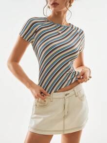 Poéselle 法式罗纹针织圆领插肩袖修身条纹短款上衣 - 彩色 - 查看 5