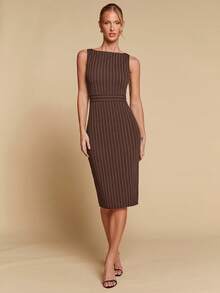 COSMINA 女士优雅条纹收腰中长连衣裙，百搭实用，适合办公室、通勤和日常穿着，四季皆宜，是女士职业装、办公室工作服、女士工作套装、条纹连衣裙、办公室连衣裙的理想之选。 - 咖啡 - 查看 2