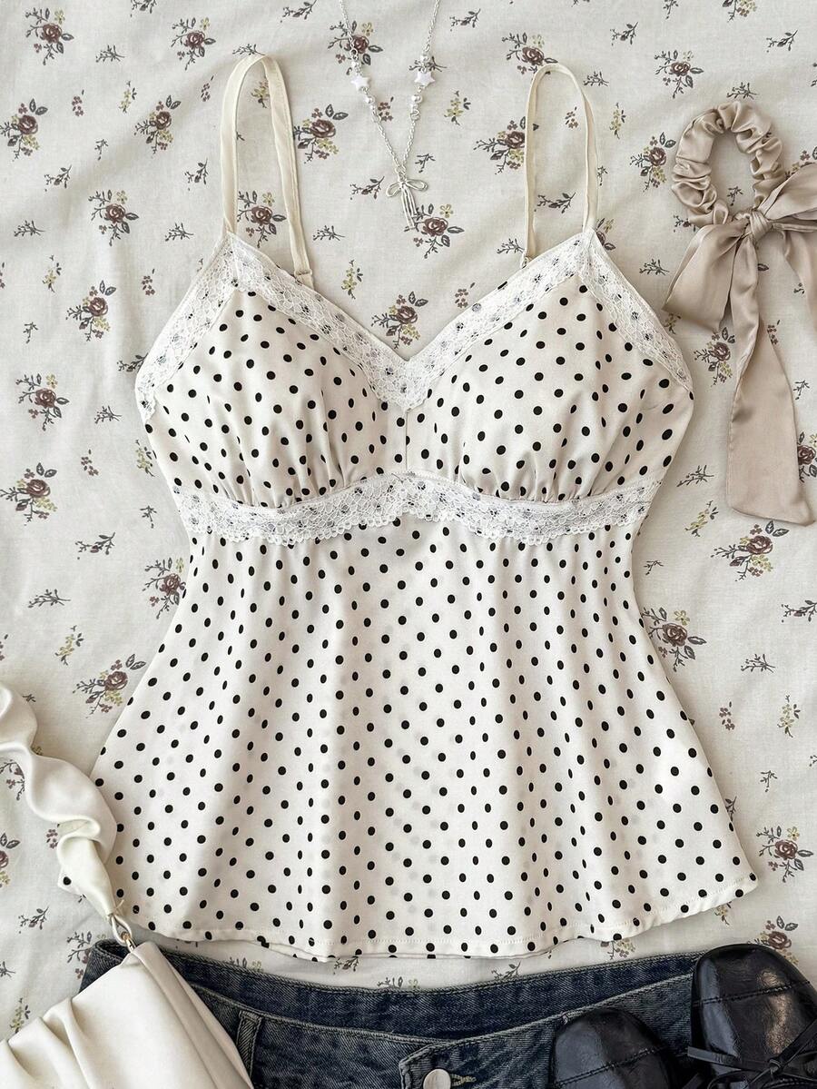 SHEIN Teen Girls Black & White Polka Dot Lace Camisole, Elegant White Lace Trim Camisole, Suitable For Summer, Vacation, Casual, Home, BM Style - Apricot - View 1