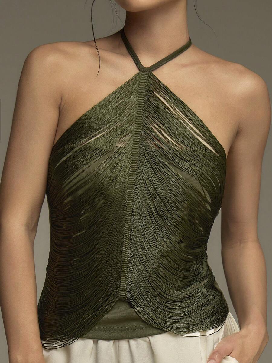 COSMINA Áo tank top không tay cổ yếm tua rua thanh lịch dành cho nữ, mang đến cảm giác nghỉ dưỡng, đa năng cho các buổi đi chơi, hẹn hò, ngày Valentine. - màu xanh lá - Xem 1