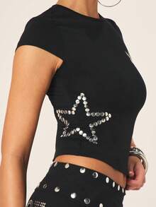 Missguided x Playboy 女士黑色短款婴儿T恤，饰有银色水钻星星和圆点图案，短袖修身款 - 黑色 - 查看 5