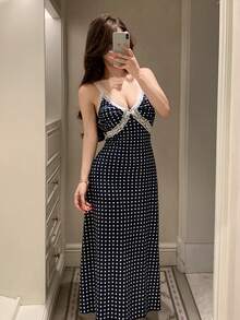 DAZY Summer Polka Dot Print Contrast Color Lace Patchwork Cinched Waist Maxi Nightgown For Women Pajamas - Navy Blue - View 1