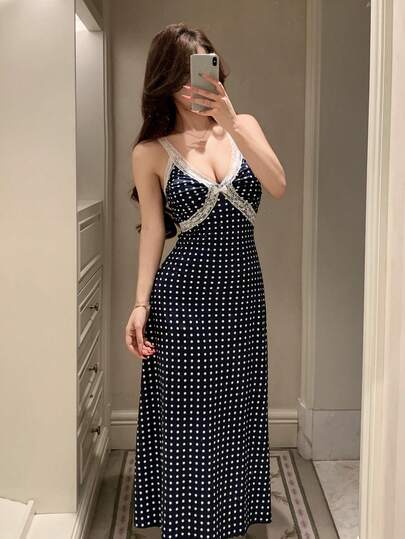 DAZY Summer Polka Dot Print Contrast Color Lace Patchwork Cinched Waist Maxi Nightgown For Women