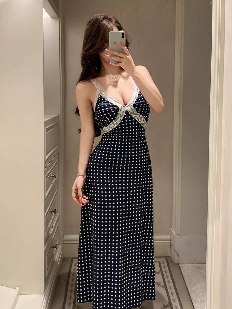 Summer Polka Dot Print Contrast Color Lace Patchwork Cinched Waist Maxi Nightgown For Women