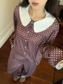 DAZY Cute Polka Dot Print Contrast Color Peter Pan Collar Women Pajama Set - Coffee Brown - View 7