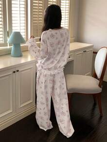 DAZY 可爱快乐小狗印花荷叶边女士睡衣套装 - 白色 - 查看 2