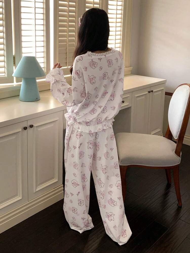 Cute Happy Puppy Print Ruffle Trim Women Pajama Set