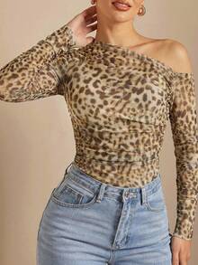 SHEIN BAE 女士豹纹褶皱休闲百搭日常长袖T恤 - 棕色 - 查看 8