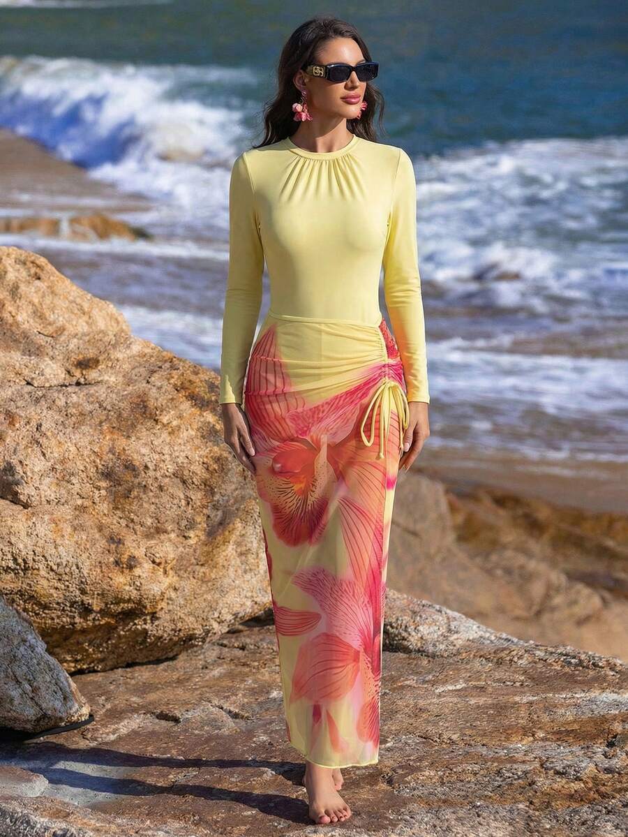 Swim Shayni 3件套女士夏季休闲度假蝴蝶黄色印花长袖裤,沙滩休闲运动连体泳衣 - 淡黃色 - 查看 1