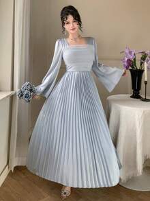 DAZY Women's Elegant Party Solid Color Flared Sleeve Pleated Dress Sundress - Baby Blue - View 4