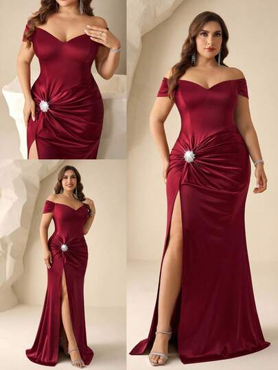 Coutiva Vestido de dama de honor elegante para mujer de talla grande con hombros descubiertos, decoración de diamante de imitación y abertura lateral fruncida