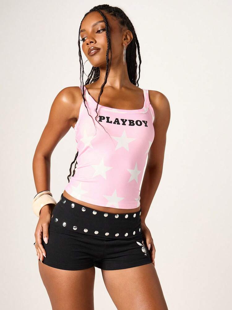 Missguided x Playboy Sternenmuster Träger-Top mit quadratischem Ausschnitt, rosa und schwarz, figurbetonter Sommerstil